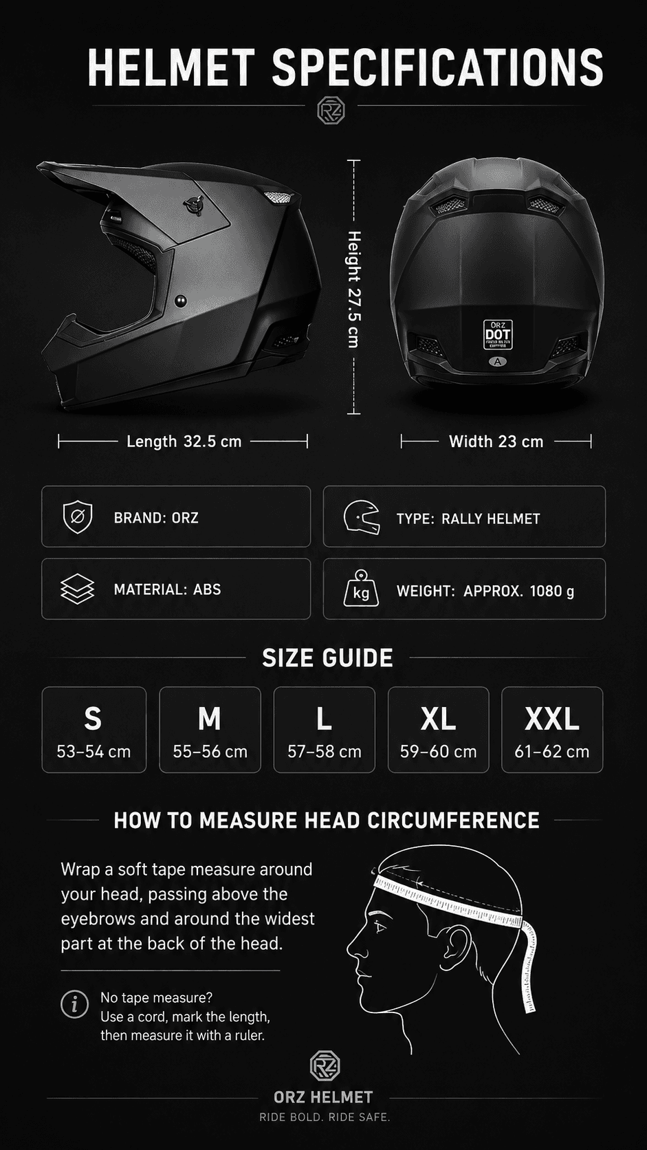 Supplied ORZ helmet specifications, DOT marking and size guide